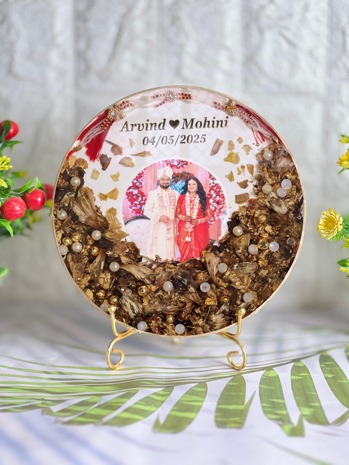 Resin 8inch round with Half side Flowers & Couple photo & Name date with Tread Varmala Preservation