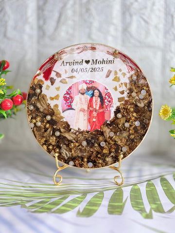 Resin 8inch round with Half side Flowers & Couple photo & Name date with Tread Varmala Preservation