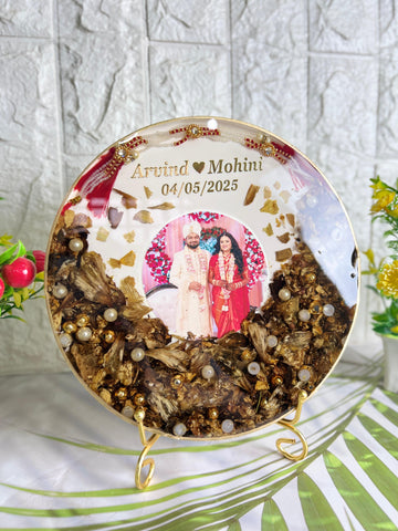 Resin 8inch round with Half side Flowers & Couple photo & Name date with Tread Varmala Preservation