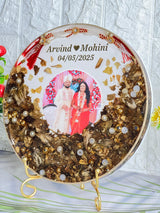 Resin 8inch round with Half side Flowers & Couple photo & Name date with Tread Varmala Preservation
