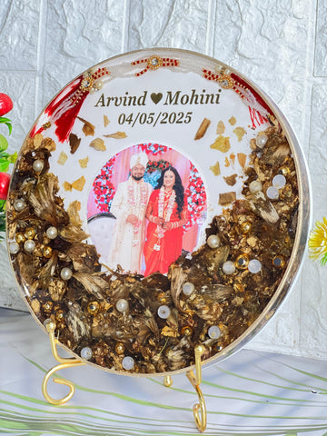 Resin 8inch round with Half side Flowers & Couple photo & Name date with Tread Varmala Preservation