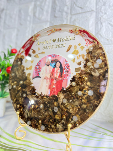 Resin 8inch round with Half side Flowers & Couple photo & Name date with Tread Varmala Preservation
