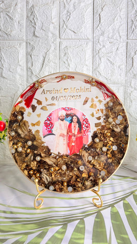 Resin 8inch round with Half side Flowers & Couple photo & Name date with Tread Varmala Preservation