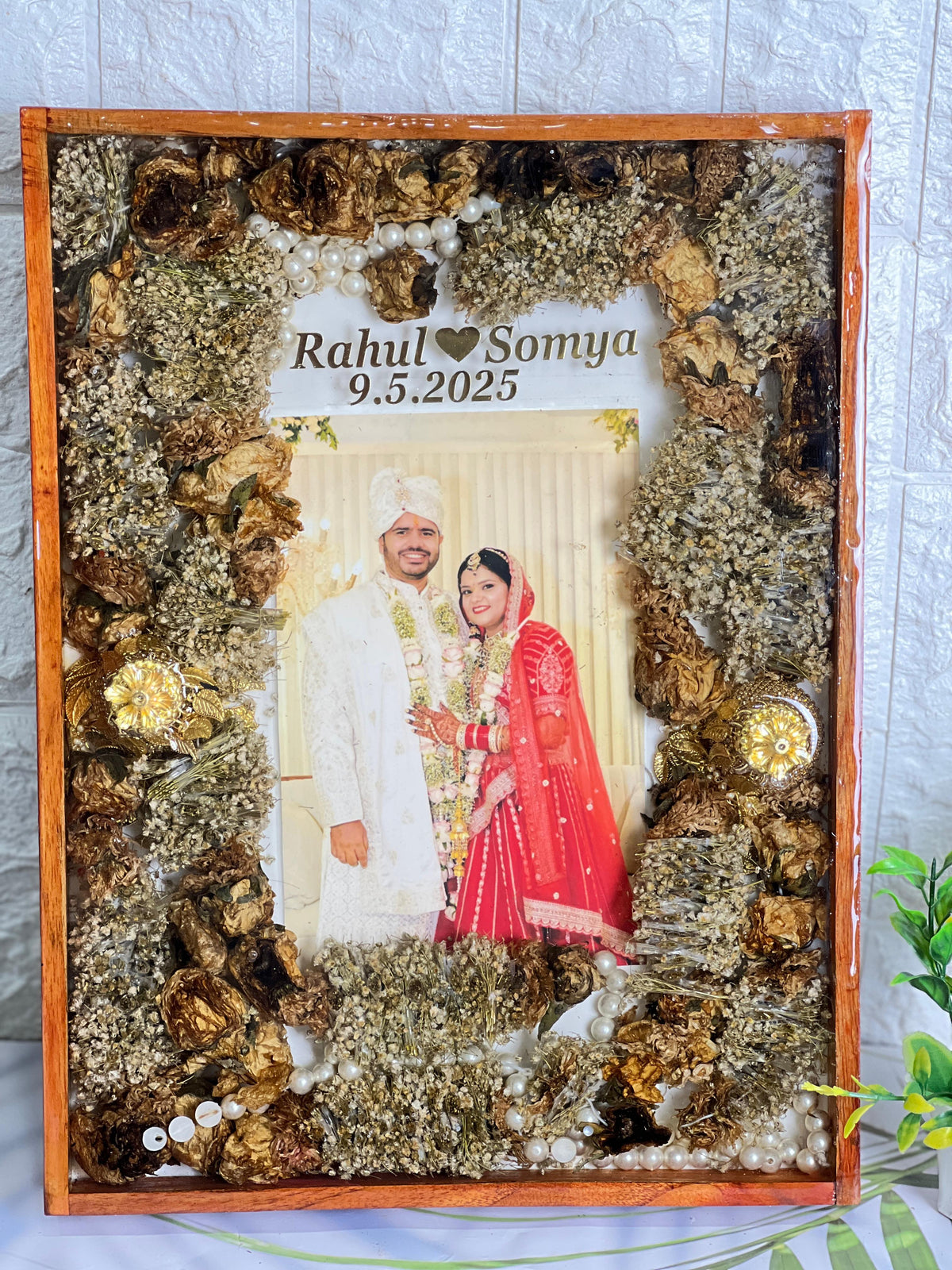 Golden Varmala Frame with Couple Photo and Names, view 5