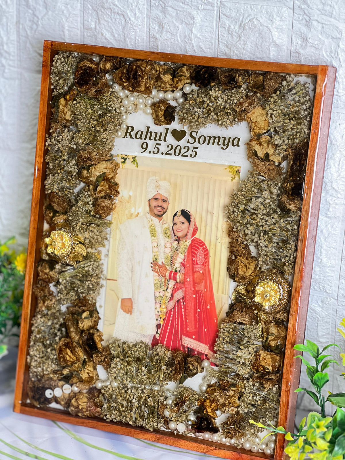 Golden Varmala Frame with Couple Photo and Names, view 6