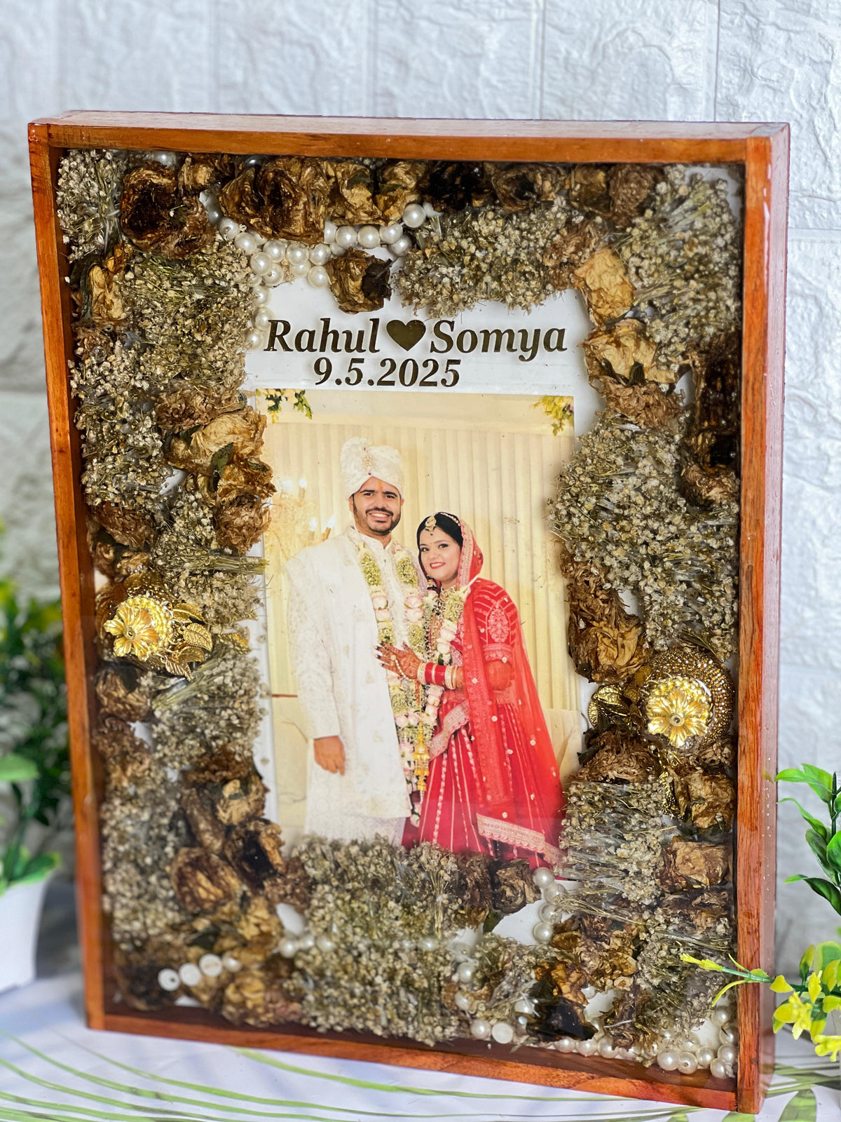 Golden Varmala Frame with Couple Photo and Names, view 7