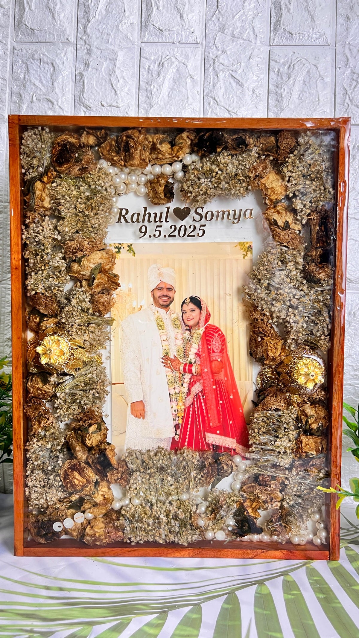Golden Varmala Frame with Couple Photo and Names, view 3
