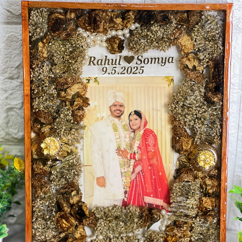 Resin 15 by 18 inch wooden frame with Couple Photo & Name Varmala Preservation