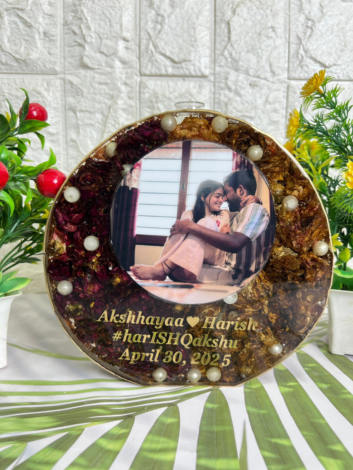 Resin 8inch Round  planter with Name & #tag , date  4 heart key chain with petals & #tag varmala Preservation