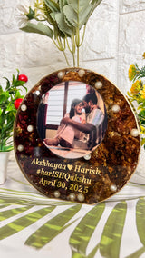 Resin 8inch Round  planter with Name & #tag , date  4 heart key chain with petals & #tag varmala Preservation