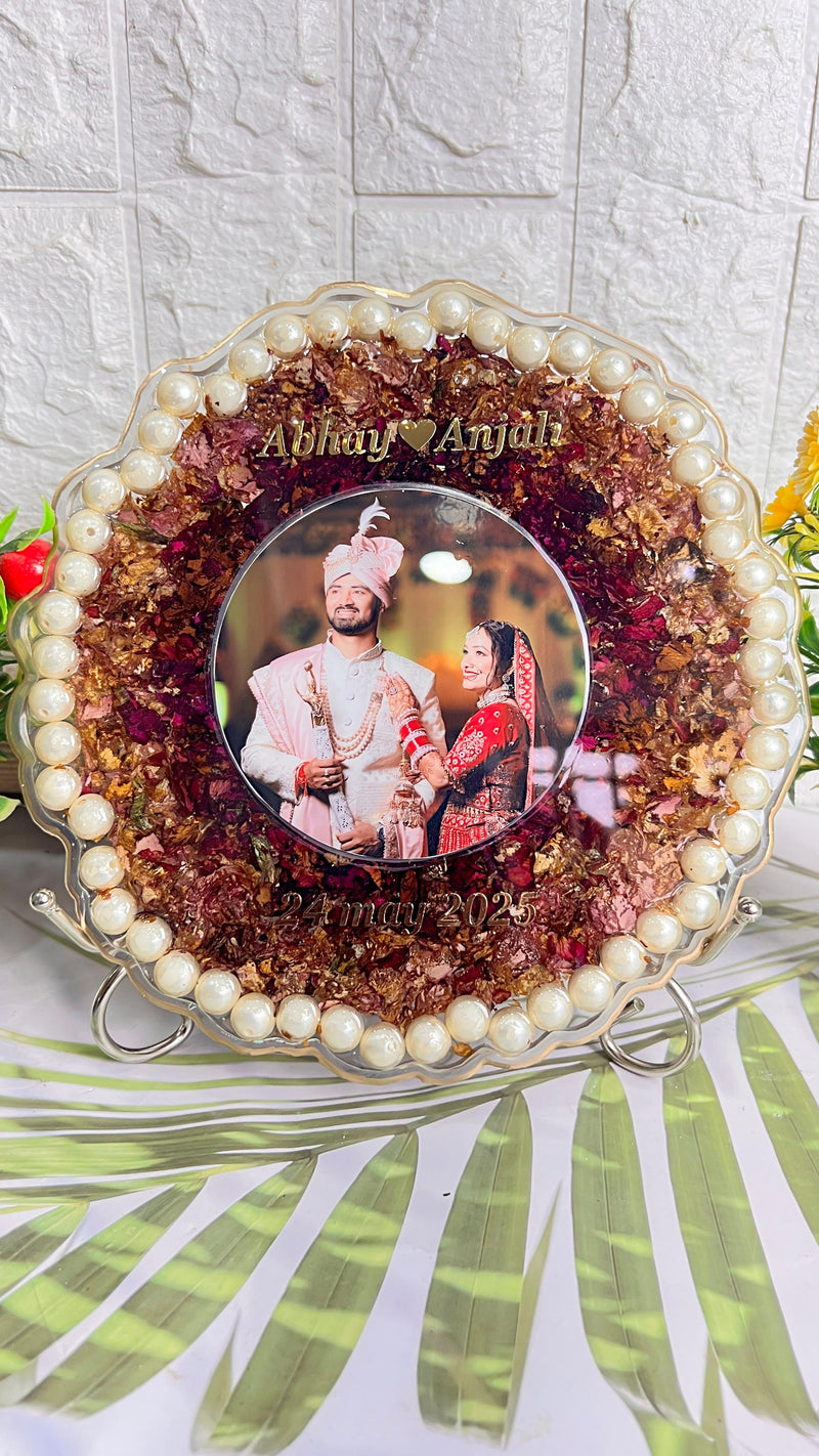 Resin 8inch curve shape with couple photo & name date with Pearls border Varmala Preservation