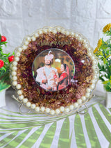 Resin 8inch curve shape with couple photo & name date with Pearls border Varmala Preservation