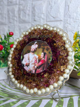 Resin 8inch curve shape with couple photo & name date with Pearls border Varmala Preservation