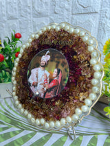 Resin 8inch curve shape with couple photo & name date with Pearls border Varmala Preservation