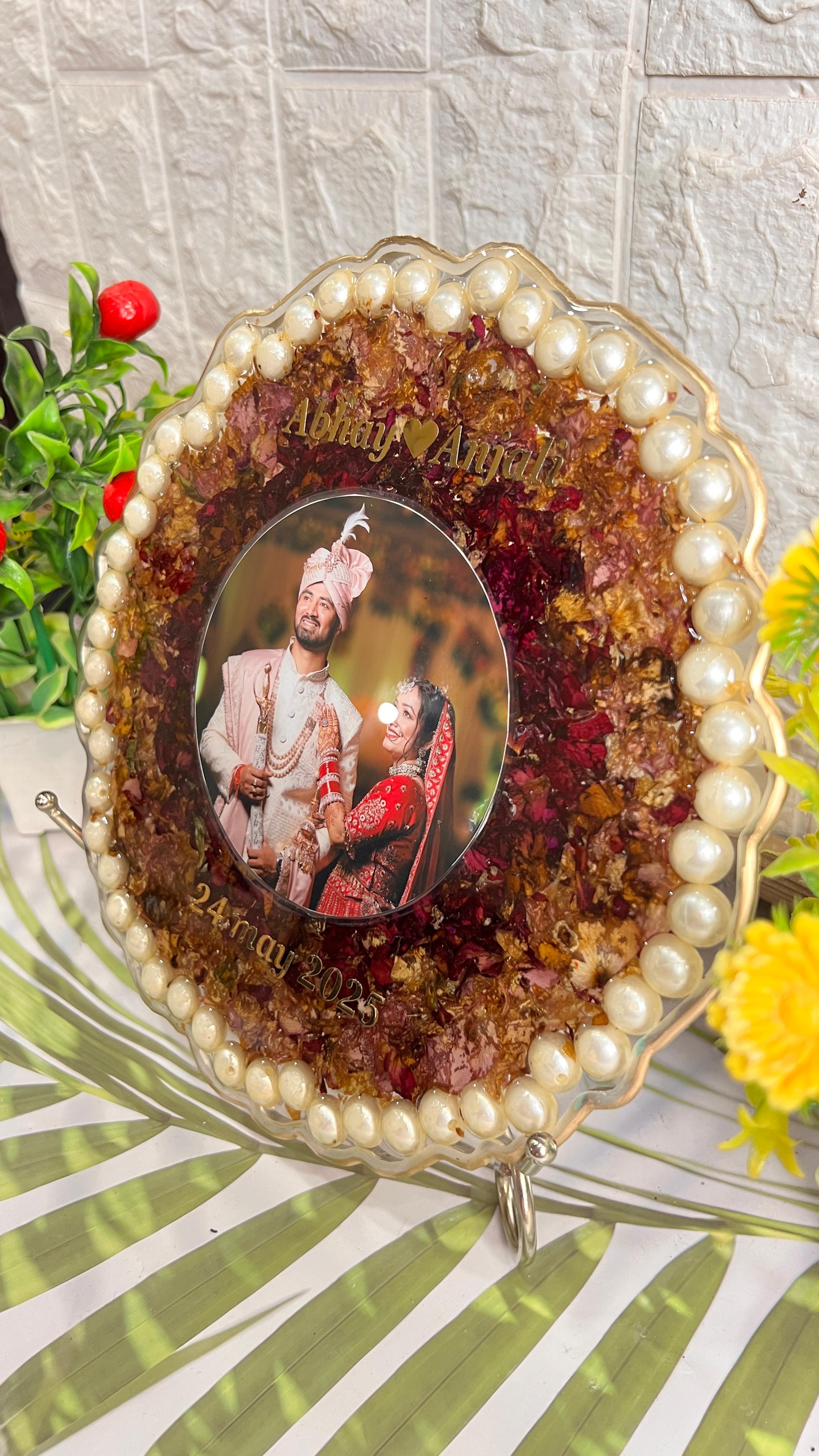 Resin 8inch curve shape with couple photo & name date with Pearls border Varmala Preservation
