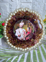 Resin 8inch curve shape with couple photo & name date with Pearls border Varmala Preservation