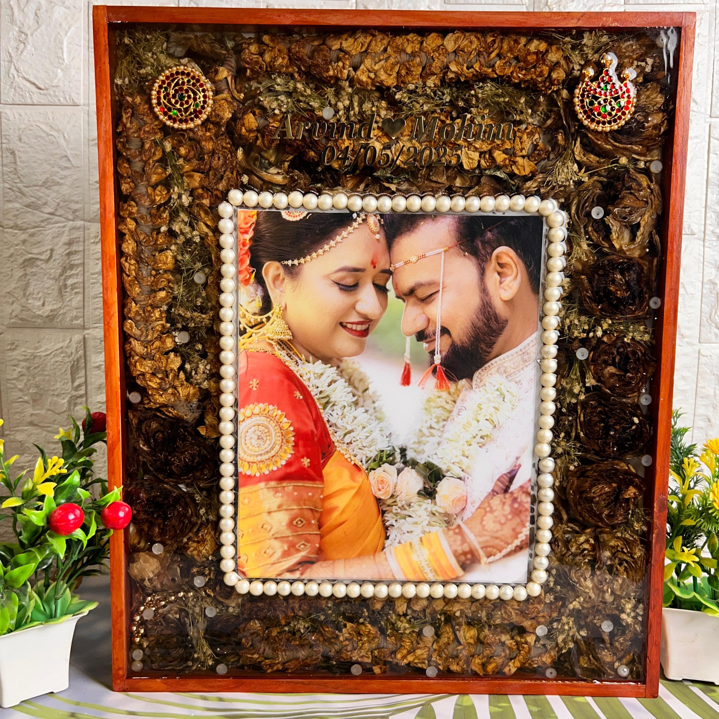 Resin 15 by 18 inch with Lotus Flowers & Jumke with Couple photo & Pearls border With Name & date varmala Preservation