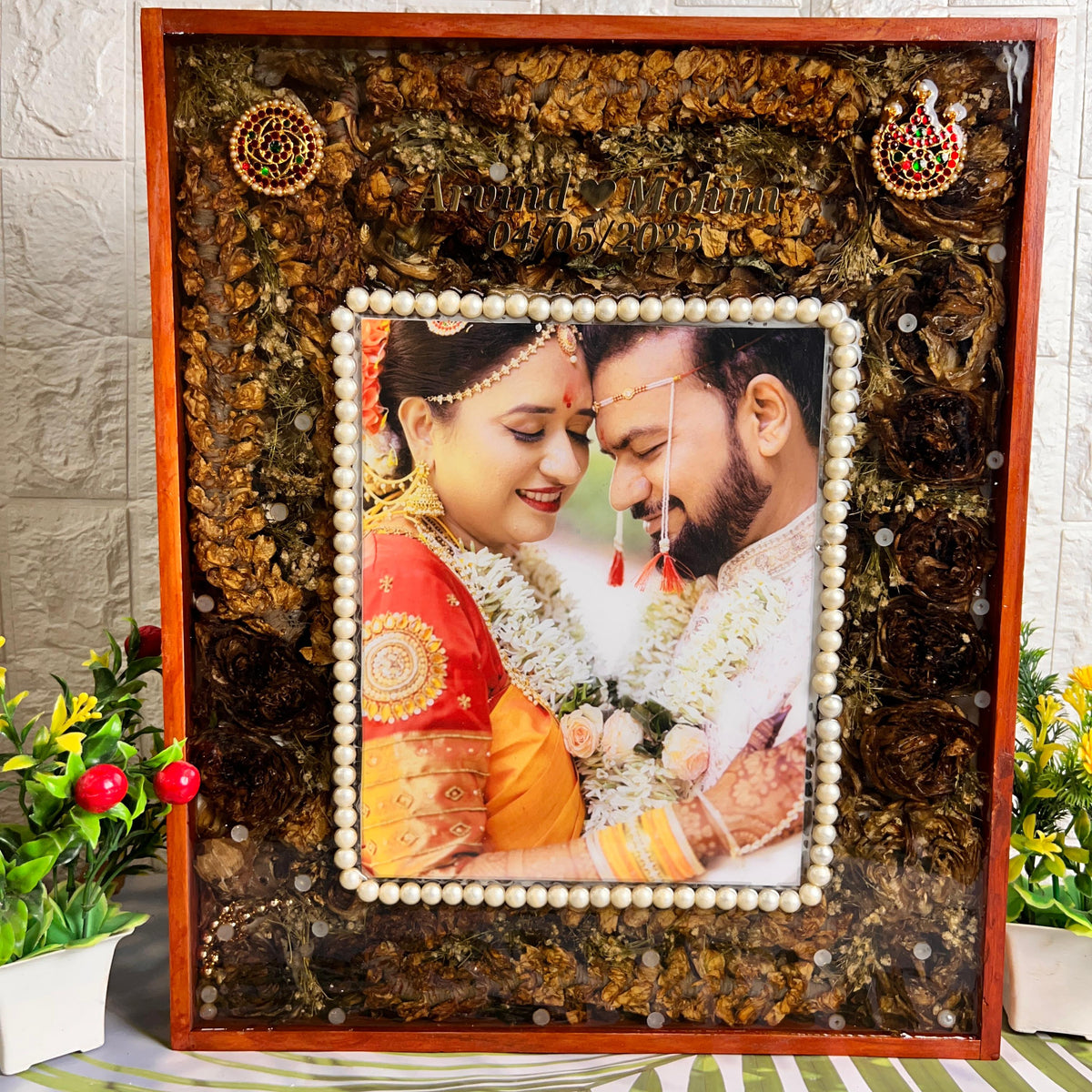 Resin 15 by 18 inch with Lotus Flowers & Jumke with Couple photo & Pearls border With Name & date varmala Preservation