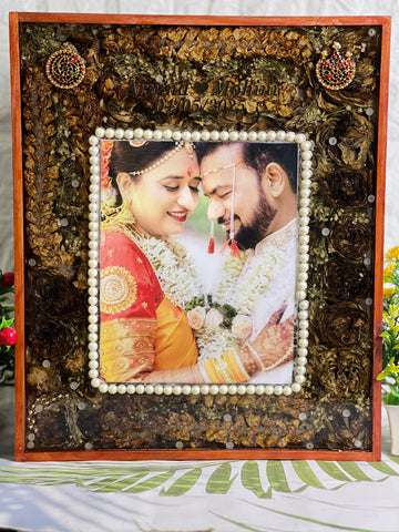 Resin 15 by 18 inch with Lotus Flowers & Jumke with Couple photo & Pearls border With Name & date varmala Preservation