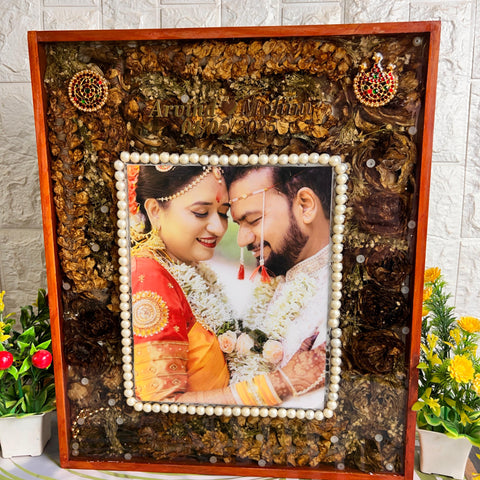 Resin 15 by 18 inch with Lotus Flowers & Jumke with Couple photo & Pearls border With Name & date varmala Preservation