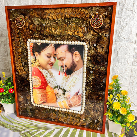Resin 15 by 18 inch with Lotus Flowers & Jumke with Couple photo & Pearls border With Name & date varmala Preservation