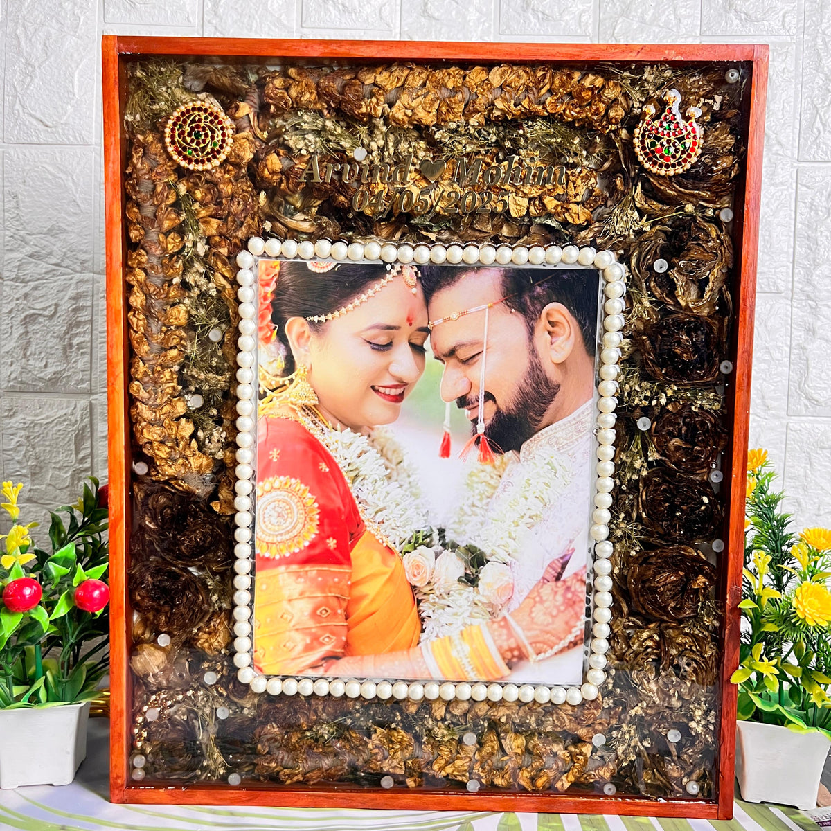 Resin 15 by 18 inch with Lotus Flowers & Jumke with Couple photo & Pearls border With Name & date varmala Preservation