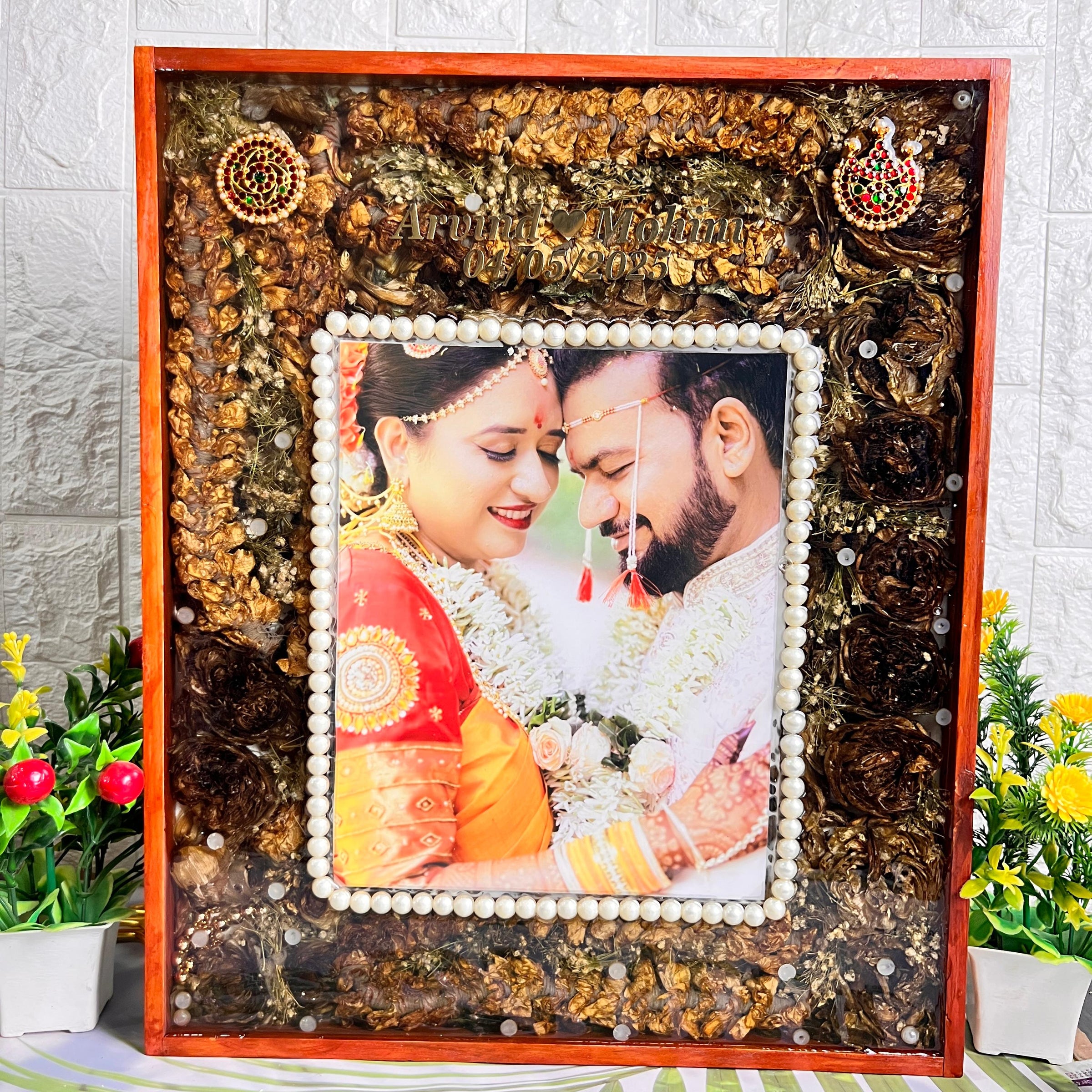 Resin 15 by 18 inch with Lotus Flowers & Jumke with Couple photo & Pearls border With Name & date varmala Preservation