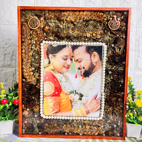 Resin 15 by 18 inch with Lotus Flowers & Jumke with Couple photo & Pearls border With Name & date varmala Preservation