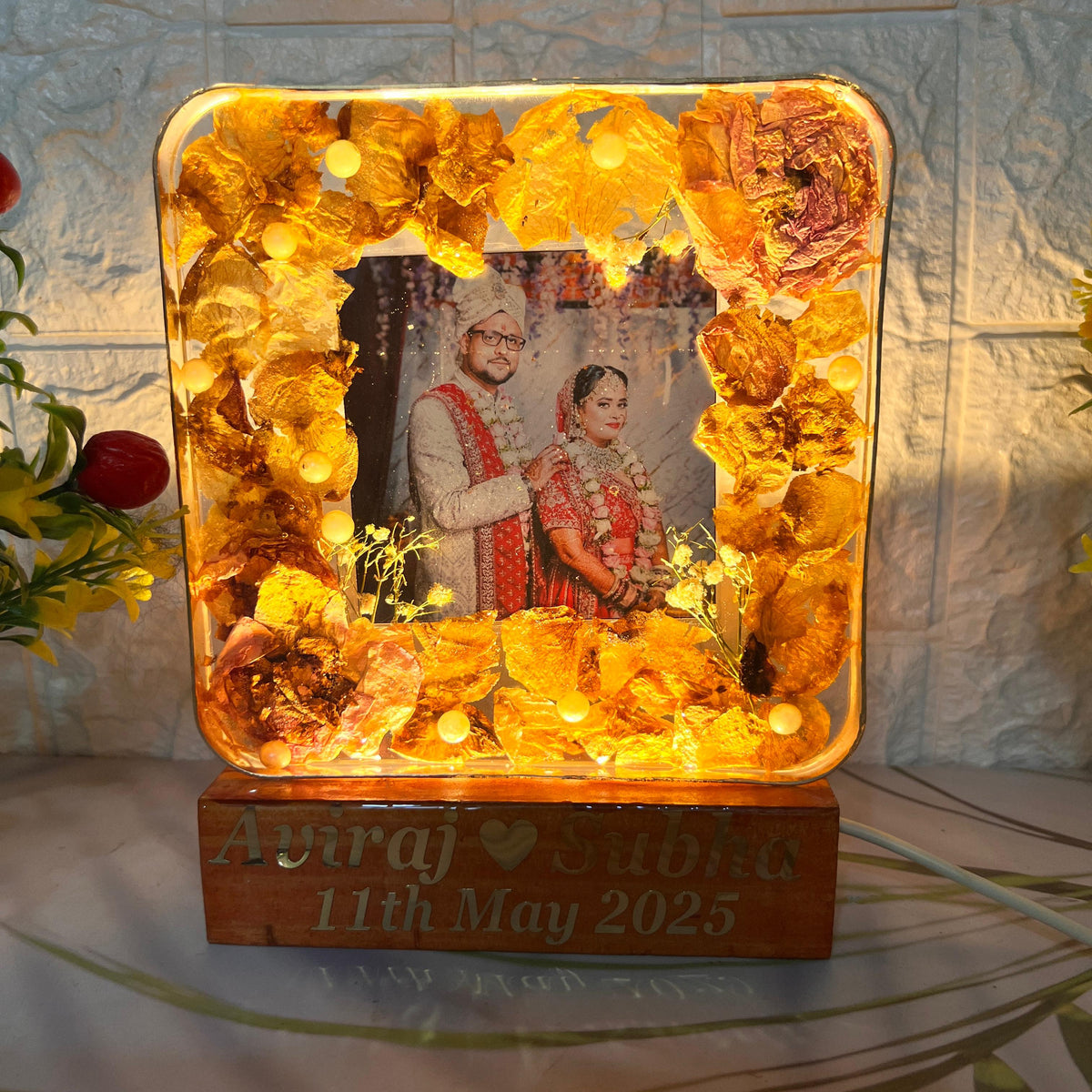 Resinn 6 inch block with Couple photo & Name date with LED stand Varmala Preservation