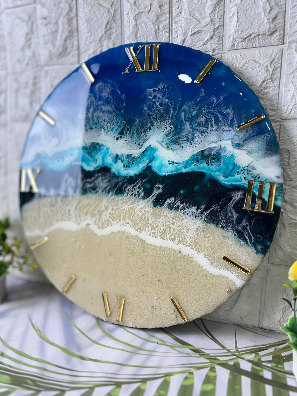 Modern Epoxy Resin Art Wall Clock with Blue Colour & Occean Texture 18inch round Wall Clock