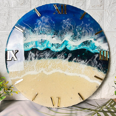 Modern Epoxy Resin Art Wall Clock with Blue Colour & Occean Texture 18inch round Wall Clock