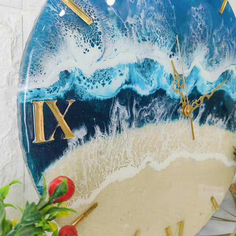 Modern Epoxy Resin Art Wall Clock with Blue Colour & Occean Texture 18inch round Wall Clock