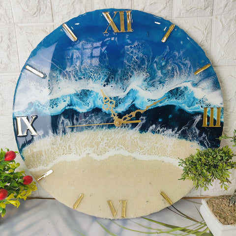 Modern Epoxy Resin Art Wall Clock with Blue Colour & Occean Texture 18inch round Wall Clock