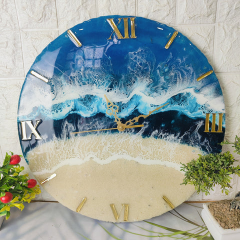 Modern Epoxy Resin Art Wall Clock with Blue Colour & Occean Texture 18inch round Wall Clock