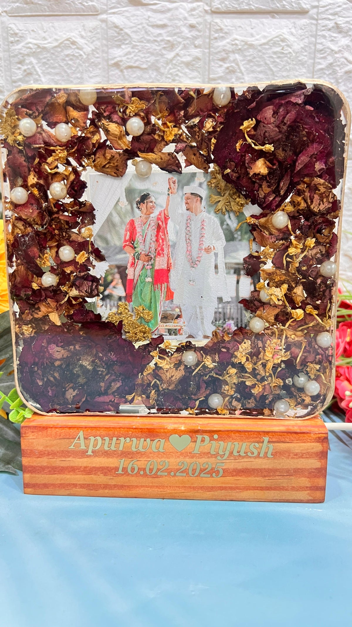 Resin 6inch squre with LED light connections & Couple name & date Varmala Preservation
