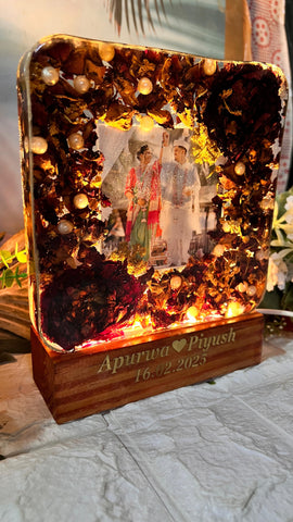 Resin 6inch squre with LED light connections & Couple name & date Varmala Preservation