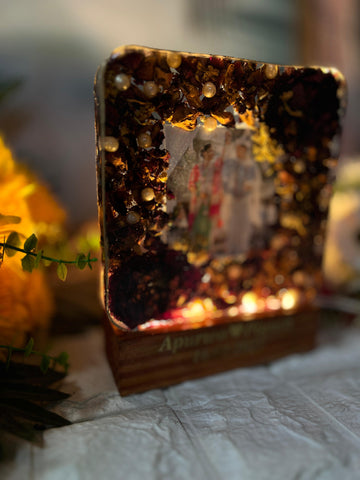 Resin 6inch squre with LED light connections & Couple name & date Varmala Preservation