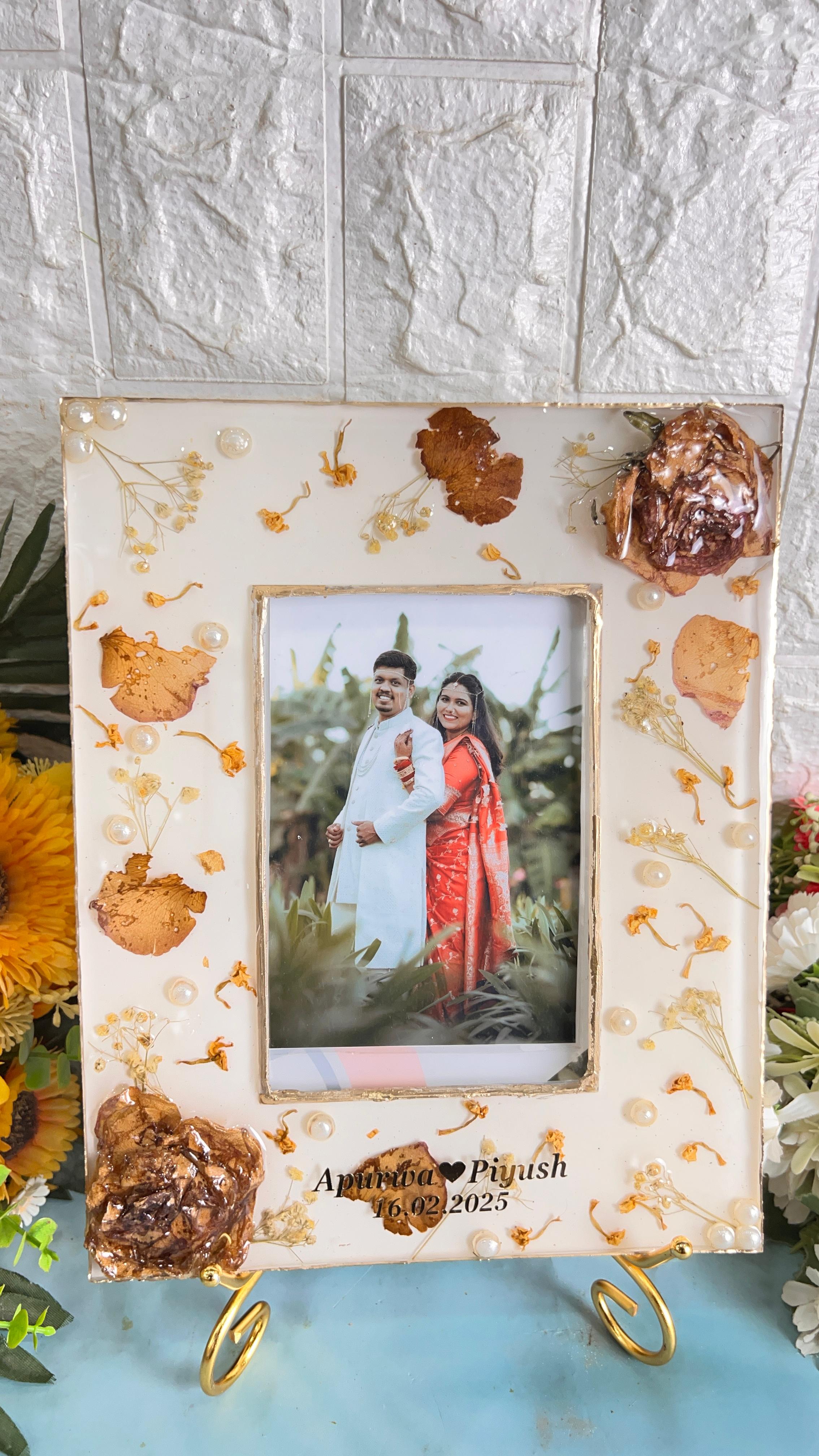 Resin 9 by 11 inch frame with 3d flowers & photo change option Varmala Preservation