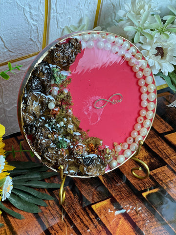Resin 6inch round with Pink base & 3d flowers with Love infinite sign Flowers Preservation