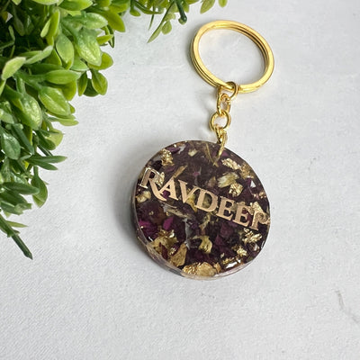 Round Name Keychain with Preserved Lily and Rose Petals