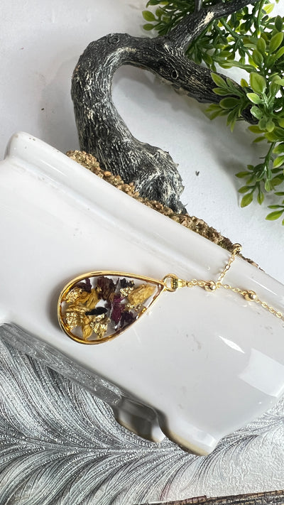 Teardrop Real Flower Resin Pendant in Gold-Tone Bezel