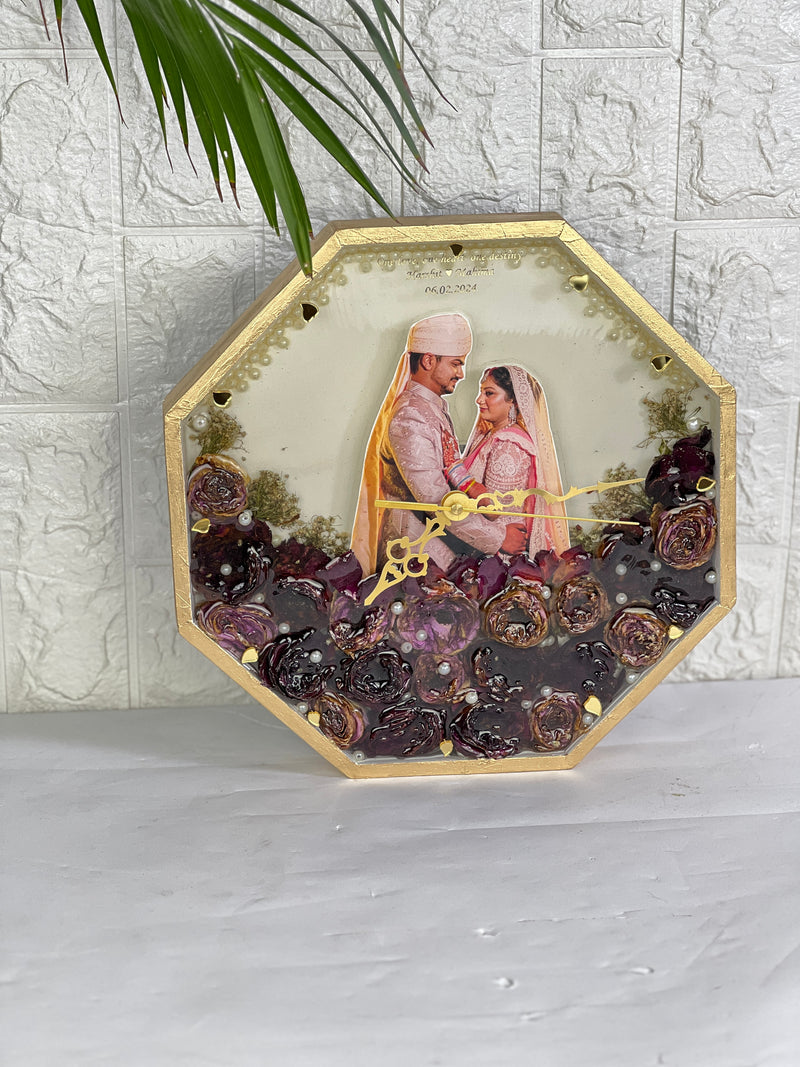 Classy octagonal varmala preservation wall clock with couple photo