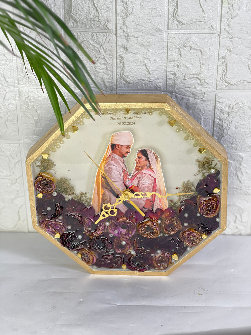 Classy octagonal varmala preservation wall clock with couple photo