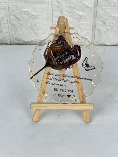 Rose preservation frame with pinewood stand with emotional message