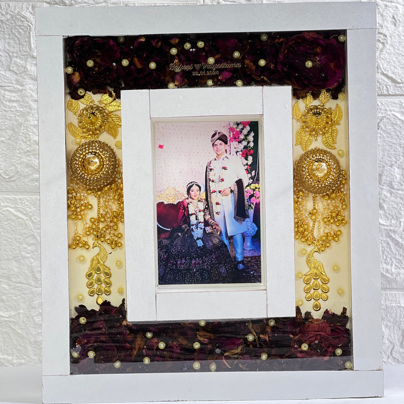 Wedding Garland Flowers & Kaleera Preservation in Double Teakwood Frame