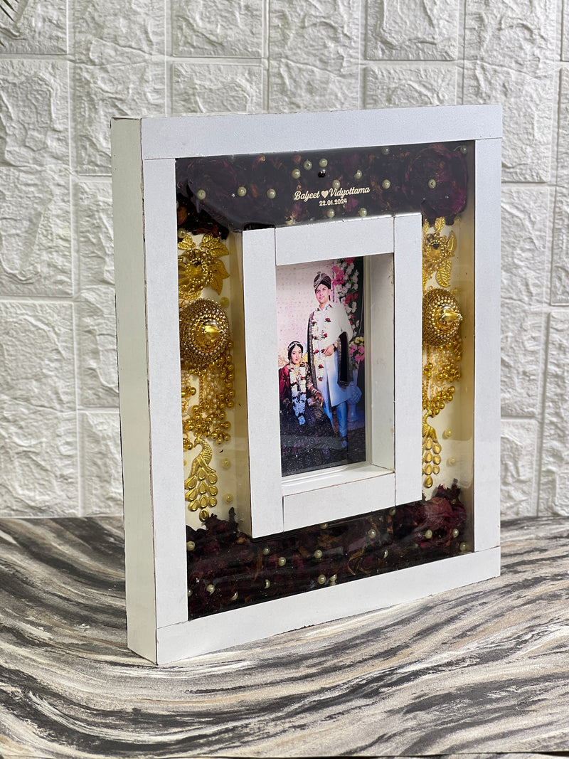 Wedding Garland Flowers & Kaleera Preservation in Double Teakwood Frame