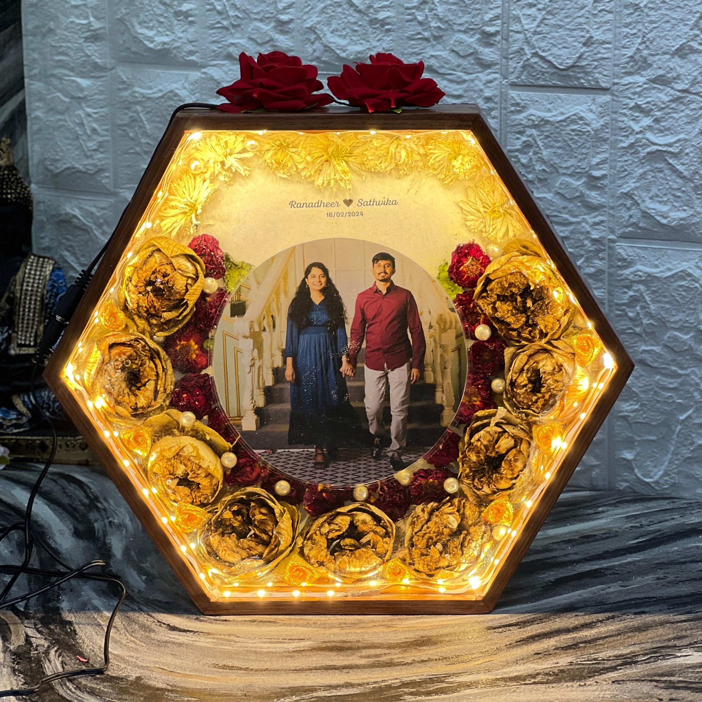Hexagon Varmala Preservation Photo Frame with LED Lights