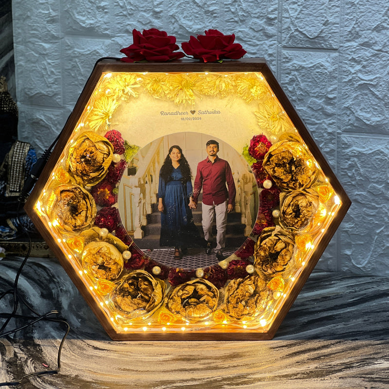 Hexagon Varmala Preservation Photo Frame with LED Lights