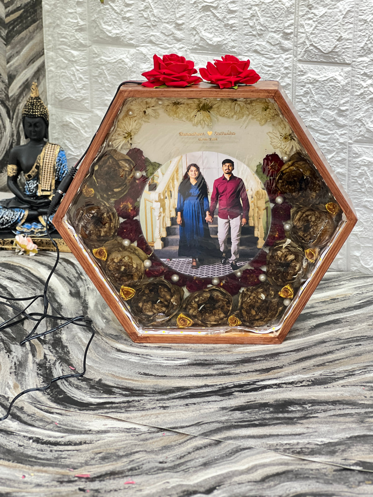 Hexagon Varmala Preservation Photo Frame with LED Lights