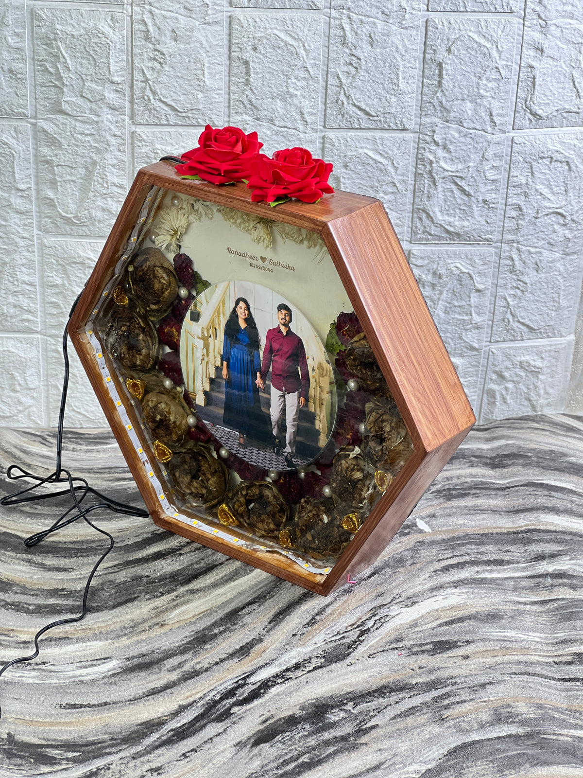 Hexagon Varmala Preservation Photo Frame with LED Lights